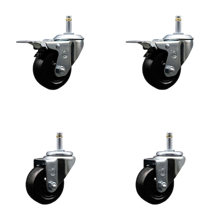 Service Caster 3'' Hard Rubber Swivel 7/16'' Grip Ring Stem Caster Set 2 Total Lock Brake, 4PK SCC-GRTTL20S314-HRS-716138-2-S-2